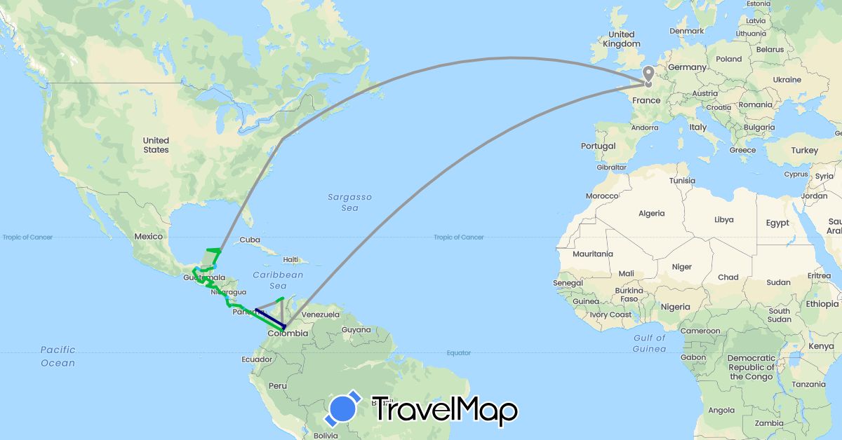TravelMap itinerary: driving, bus, plane, boat in Belize, Colombia, Costa Rica, France, Guatemala, Honduras, Mexico, Nicaragua, Panama, El Salvador, United States (Europe, North America, South America)